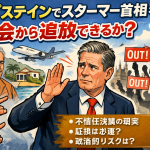 エプスタイン問題を背景に、英国議会前で抗議の「OUT」プラカードが掲げられ、スターマー首相が困惑した表情を見せるイラスト