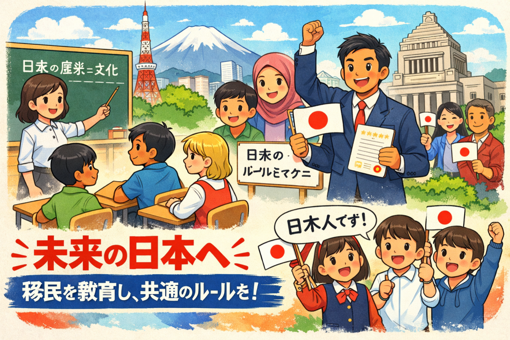 日本の教室で多様な背景を持つ子どもたちが学び、市民権を象徴する書類や日の丸を掲げる人々が描かれた、移民教育と社会統合をテーマにしたイラスト