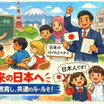 日本の教室で多様な背景を持つ子どもたちが学び、市民権を象徴する書類や日の丸を掲げる人々が描かれた、移民教育と社会統合をテーマにしたイラスト