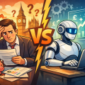 イギリスを背景に、人間の金融アドバイザーとAIアドバイザーを対比したイラスト。混乱する人間と、データに基づき冷静に判断するAIを描いている。