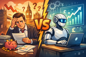 イギリスを背景に、人間の金融アドバイザーとAIアドバイザーを対比したイラスト。混乱する人間と、データに基づき冷静に判断するAIを描いている。