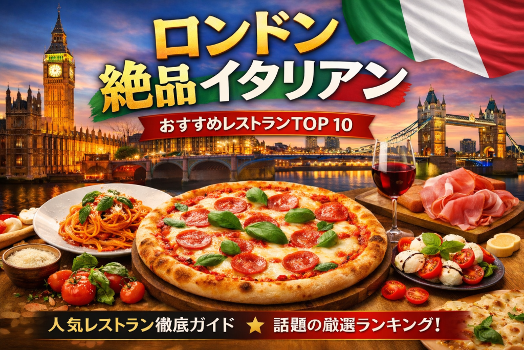 夕暮れのロンドン（ビッグベンとタワーブリッジ）を背景に、ピザやパスタ、生ハム、カプレーゼ、赤ワインが並ぶテーブルと「ロンドン絶品イタリアン おすすめレストランTOP10」と書かれたアイキャッチ画像