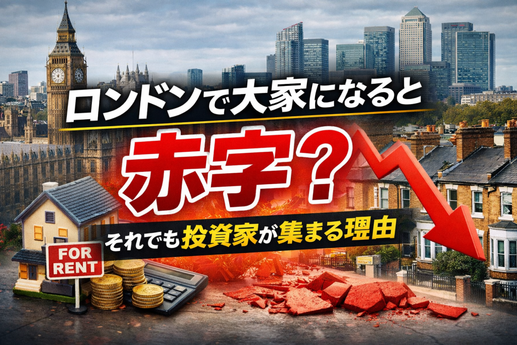 ロンドンの街並みを背景に「ロンドンで大家になると赤字？」という文字と下向きの赤い矢印が配置された不動産投資のアイキャッチ画像
