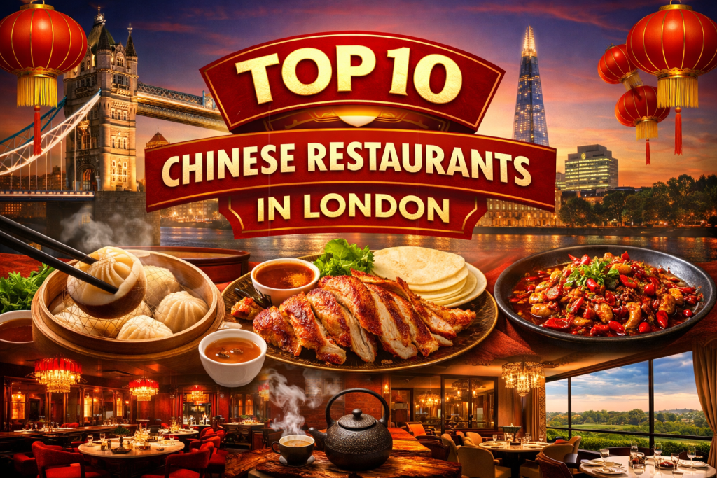 ロンドンのタワーブリッジとシャードを背景に、点心や北京ダック、四川料理が並ぶ「Top 10 Chinese Restaurants in London」と書かれたアイキャッチ画像