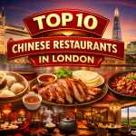 ロンドンのタワーブリッジとシャードを背景に、点心や北京ダック、四川料理が並ぶ「Top 10 Chinese Restaurants in London」と書かれたアイキャッチ画像