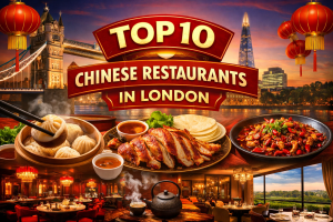 ロンドンのタワーブリッジとシャードを背景に、点心や北京ダック、四川料理が並ぶ「Top 10 Chinese Restaurants in London」と書かれたアイキャッチ画像