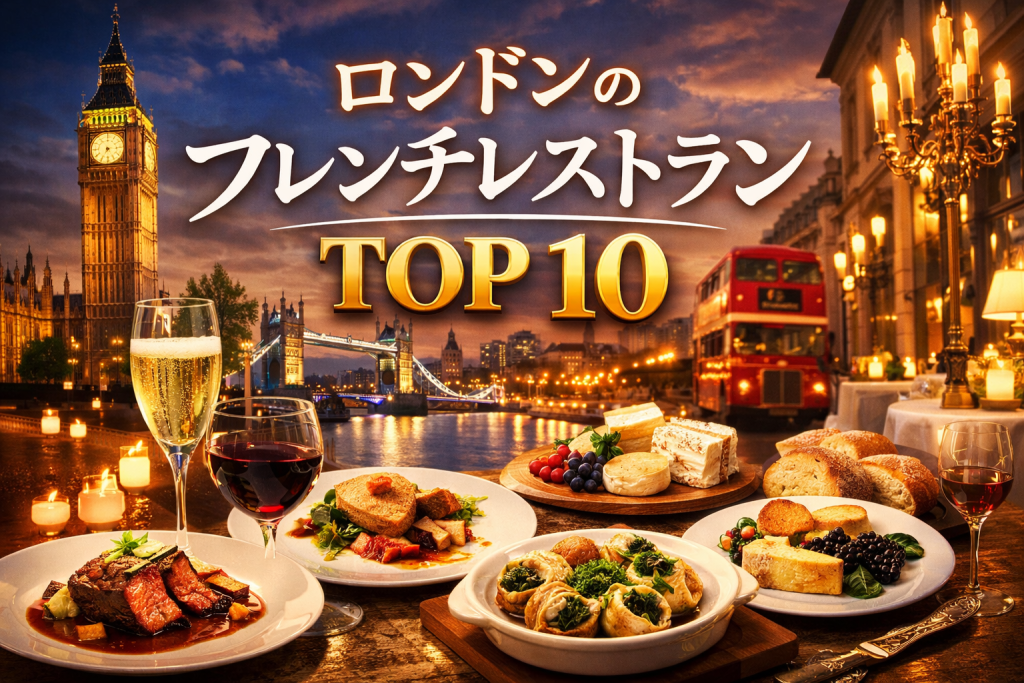 夕暮れのロンドン（ビッグ・ベンやタワーブリッジ、赤い二階建てバス）を背景に、フォアグラやチーズ、ワインなどのフレンチ料理が並び、「ロンドンのフレンチレストラン TOP10」と大きく表示されたアイキャッチ画像。