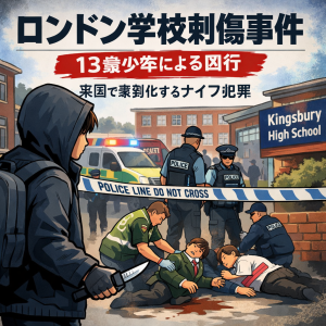 ロンドンのキングスブリー・ハイスクール前で警察が規制線を張る中、事件の緊張感を象徴的に描いたイラスト