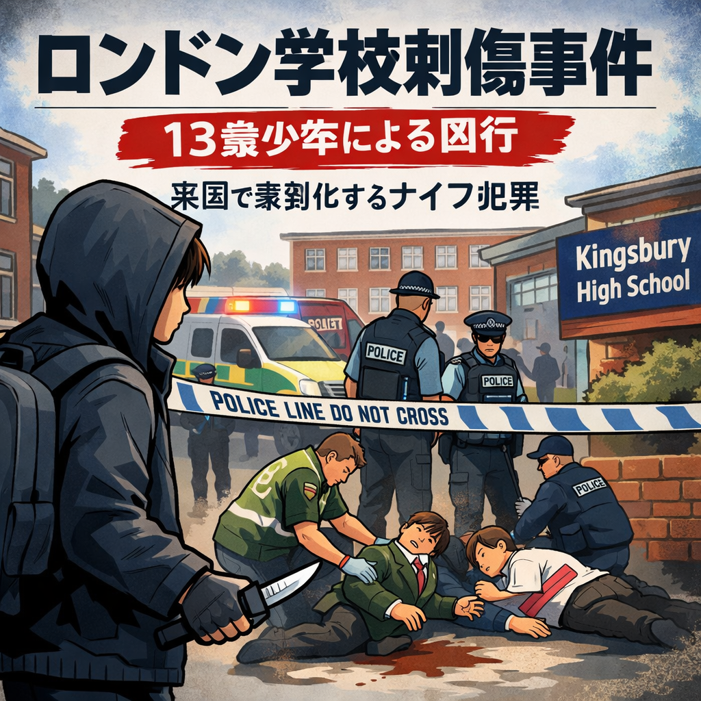 ロンドンのキングスブリー・ハイスクール前で警察が規制線を張る中、事件の緊張感を象徴的に描いたイラスト