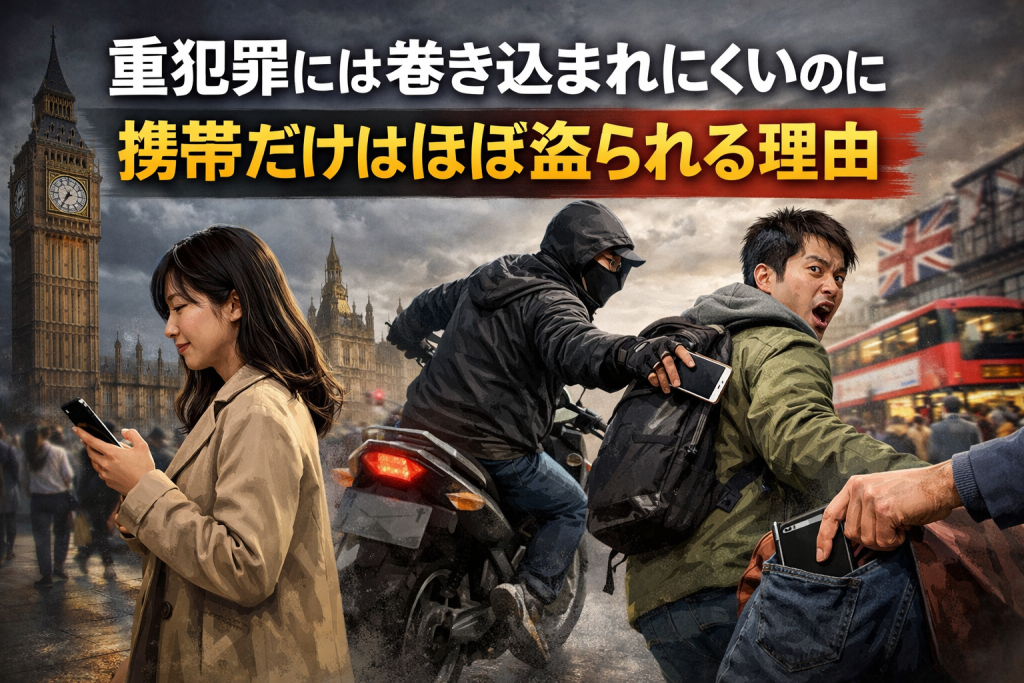 ロンドン市街を背景に、歩きスマホ中の日本人女性と、バイクでスマートフォンをひったくる犯人の様子を描いたアイキャッチイラスト。