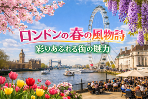 桜やチューリップが咲く春のロンドン。テムズ川沿いにロンドン・アイやビッグ・ベン、タワーブリッジが見え、青空の下でテラス席がにぎわう風景。