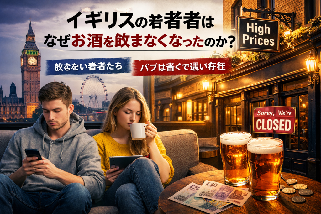 ロンドンの街並みを背景にスマートフォンを見る若者カップルと、価格高騰を示す看板や閉店したパブ、ビールと紙幣が並ぶイメージ。若者の酒離れとパブの高価格化を象徴している。