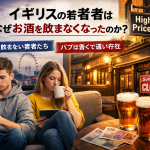 ロンドンの街並みを背景にスマートフォンを見る若者カップルと、価格高騰を示す看板や閉店したパブ、ビールと紙幣が並ぶイメージ。若者の酒離れとパブの高価格化を象徴している。