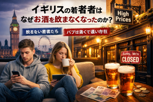 ロンドンの街並みを背景にスマートフォンを見る若者カップルと、価格高騰を示す看板や閉店したパブ、ビールと紙幣が並ぶイメージ。若者の酒離れとパブの高価格化を象徴している。