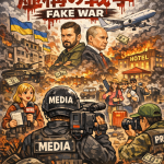 炎上する都市を背景に、カメラを構える報道関係者と向き合う二人の国家指導者のイラスト。上部には「メディアが作り出した虚構の戦争（FAKE WAR）」の文字が描かれている。