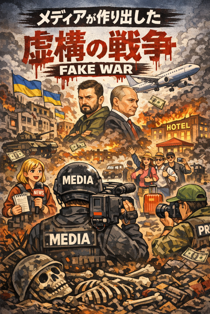 炎上する都市を背景に、カメラを構える報道関係者と向き合う二人の国家指導者のイラスト。上部には「メディアが作り出した虚構の戦争（FAKE WAR）」の文字が描かれている。