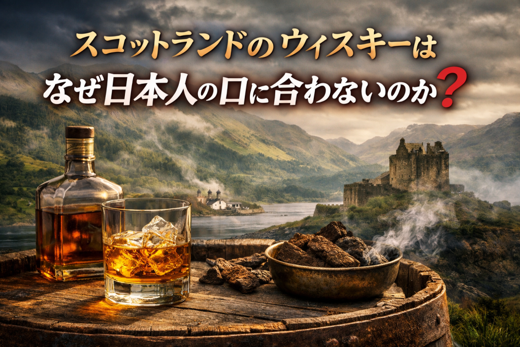 スコットランドの風景を背景に、樽の上に置かれたウイスキーのグラスとボトル、ピートが写るアイキャッチ画像