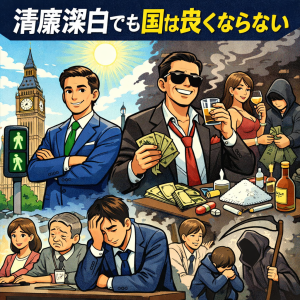 清廉潔白な政治家と腐敗した政治家、そして苦しむ市民を対比した政治風刺イラスト