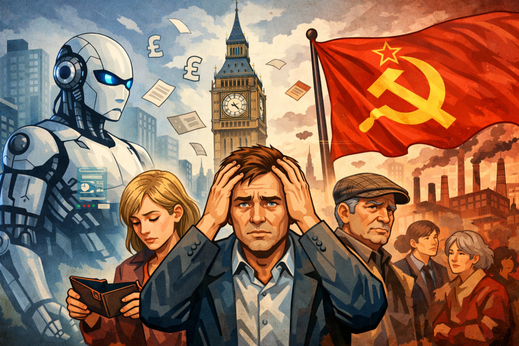 AIによる雇用消失と資本主義の限界に直面するイギリス社会を象徴したイラスト