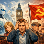 AIによる雇用消失と資本主義の限界に直面するイギリス社会を象徴したイラスト