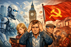 AIによる雇用消失と資本主義の限界に直面するイギリス社会を象徴したイラスト