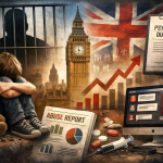 英国における児童性的虐待問題を象徴的に表現したアイキャッチ画像。ロンドンの風景と統計グラフ、報告書、オンライン環境を示すモニターなどが配置され、社会問題としての広がりを示している。