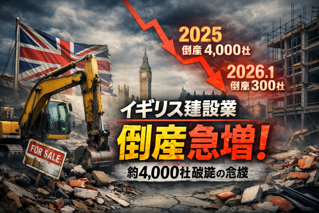 英国国旗とビッグベンを背景に、ショベルカーや建設現場の瓦礫、急落する赤いグラフとともに「イギリス建設業 倒産急増」「2025年約4,000社」「2026年1月約300社」と表示された危機を示すビジュアル