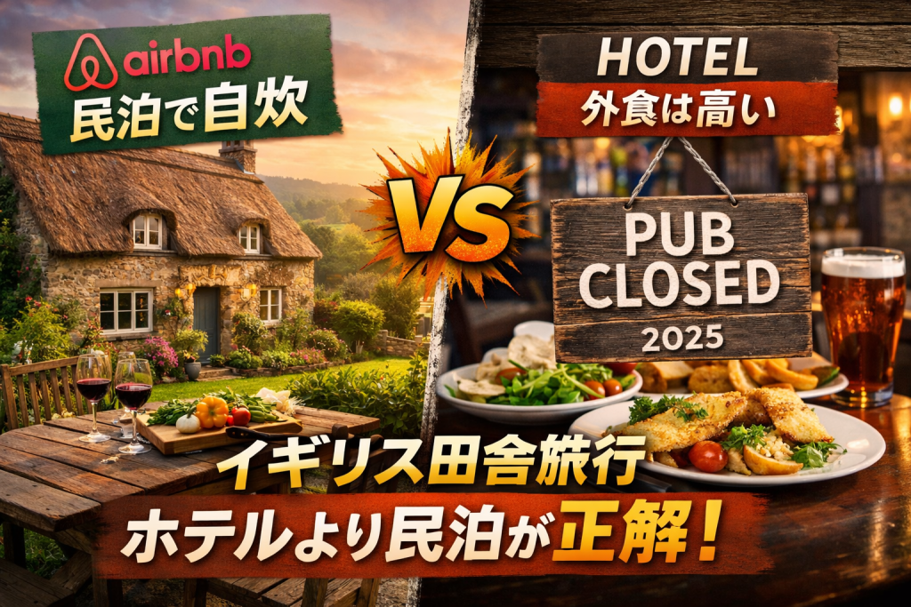 イギリスの田舎のコテージで自炊する民泊と、外食費が高くパブ閉店が進むホテル滞在を対比したアイキャッチ画像