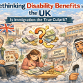 英国の障がい者給付削減をテーマにしたイラスト。車椅子の男性が給付削減通知を持ち、中央に疑問符とポンド紙幣、背景に英国議会とDWP庁舎、移民問題との関連性を問いかける構図。