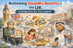 英国の障がい者給付削減をテーマにしたイラスト。車椅子の男性が給付削減通知を持ち、中央に疑問符とポンド紙幣、背景に英国議会とDWP庁舎、移民問題との関連性を問いかける構図。