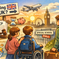 イギリスを離れるか悩む障害児の家族を描いたイラスト。EHCP書類や満員の特別支援学校の看板、飛び立つ飛行機とロンドンの街並みが背景にある。