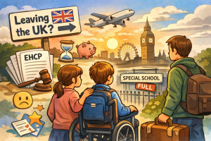 イギリスを離れるか悩む障害児の家族を描いたイラスト。EHCP書類や満員の特別支援学校の看板、飛び立つ飛行機とロンドンの街並みが背景にある。