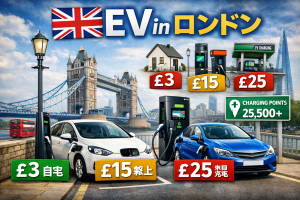 ロンドンのタワーブリッジを背景に電気自動車が充電されている様子と、自宅・路上・急速充電のコスト比較（£3・£15・£25）および充電ポイント数25,500+を示したインフォグラフィック
