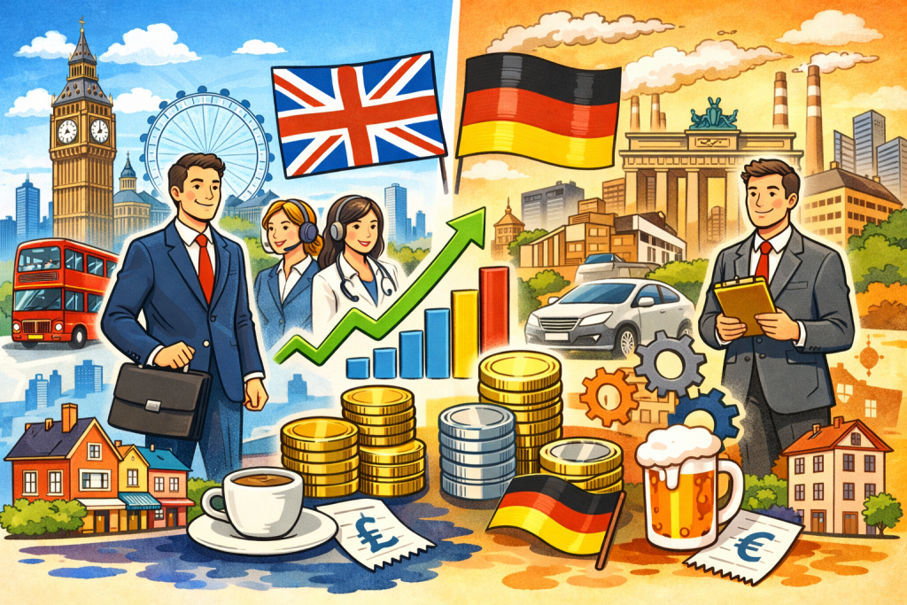 イギリスとドイツの経済規模と暮らしを対比したイラスト。ロンドンとベルリンの街並み、国旗、通貨、仕事や生活コストを象徴するモチーフが描かれている。