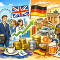 イギリスとドイツの経済規模と暮らしを対比したイラスト。ロンドンとベルリンの街並み、国旗、通貨、仕事や生活コストを象徴するモチーフが描かれている。