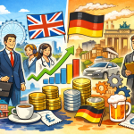 イギリスとドイツの経済規模と暮らしを対比したイラスト。ロンドンとベルリンの街並み、国旗、通貨、仕事や生活コストを象徴するモチーフが描かれている。