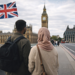 ロンドンのビッグベンとタワーブリッジを背景に、スーツケースを持って歩く人々と「No Entry」の標識を描いたイラスト。イギリスの移民問題を象徴するビジュアル。