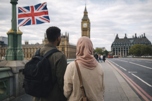 ロンドンのビッグベンとタワーブリッジを背景に、スーツケースを持って歩く人々と「No Entry」の標識を描いたイラスト。イギリスの移民問題を象徴するビジュアル。