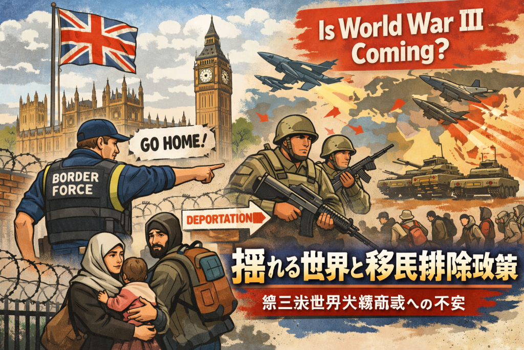 イギリスの国会議事堂と国境警備、移民家族、兵士や戦闘機を描いたイラスト。移民排除政策と世界的緊張、第三次世界大戦への不安を象徴的に表現している。