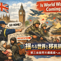 イギリスの国会議事堂と国境警備、移民家族、兵士や戦闘機を描いたイラスト。移民排除政策と世界的緊張、第三次世界大戦への不安を象徴的に表現している。