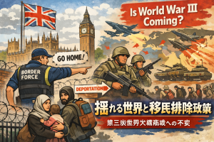 イギリスの国会議事堂と国境警備、移民家族、兵士や戦闘機を描いたイラスト。移民排除政策と世界的緊張、第三次世界大戦への不安を象徴的に表現している。