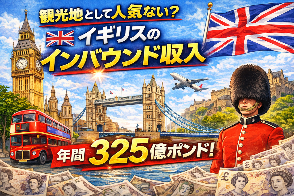 ビッグベンやタワーブリッジ、ユニオンジャックとともに「イギリスのインバウンド収入 年間325億ポンド」と描かれたアイキャッチ用イラスト