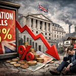 英国のインフレ率3％低下を示す看板と下向きの赤い矢印、イングランド銀行の建物、失業や住宅売却の看板の前で座り込む男性を描いた暗い経済イメージ。