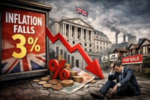 英国のインフレ率3％低下を示す看板と下向きの赤い矢印、イングランド銀行の建物、失業や住宅売却の看板の前で座り込む男性を描いた暗い経済イメージ。