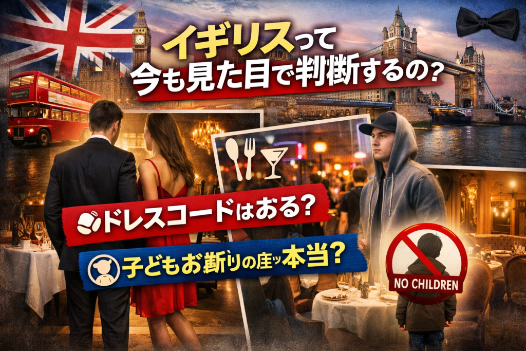 ロンドンの街並みを背景に、フォーマルなカップルとカジュアルな男性、そして「NO CHILDREN」サインが配置された、イギリスの見た目文化・ドレスコード・子ども入店制限をテーマにしたアイキャッチ画像