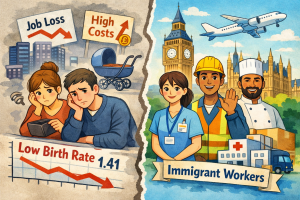 仕事と生活費への不安に直面するイギリスの若い夫婦と、労働力を支える移民労働者を対比したイラスト
