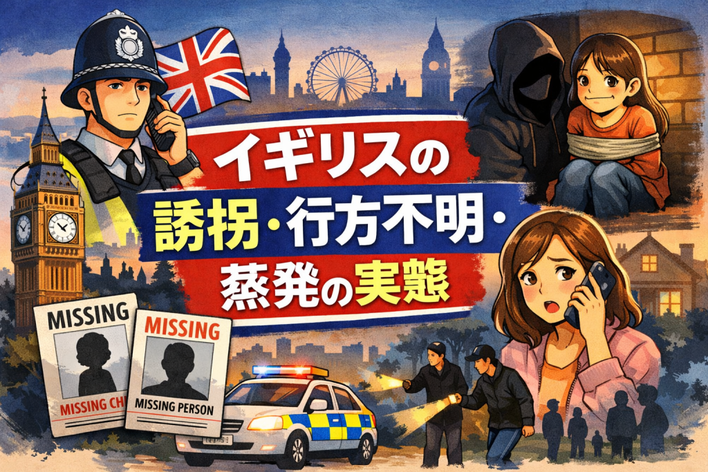 イギリスの誘拐・行方不明・蒸発問題をテーマにしたイラスト調アイキャッチ画像。ビッグベンを背景に警察官、捜索隊、行方不明ポスター、心配して電話をかける女性などが描かれている。