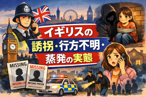 イギリスの誘拐・行方不明・蒸発問題をテーマにしたイラスト調アイキャッチ画像。ビッグベンを背景に警察官、捜索隊、行方不明ポスター、心配して電話をかける女性などが描かれている。