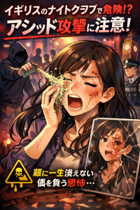 イギリスのナイトクラブでアシッド攻撃に注意を呼びかけるイラスト。女性が危険を警告する構図で描かれている注意喚起ビジュアル。