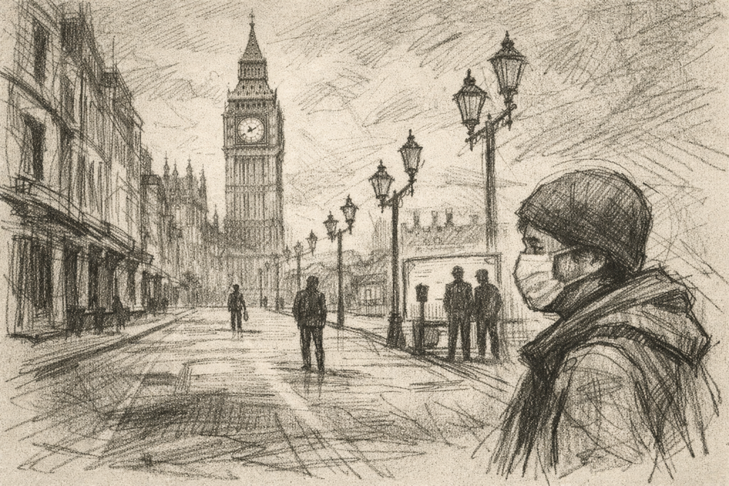デッサンタッチで描かれたロンドンの閑散とした通り。ビッグ・ベンを背景に、マスク姿の人物が立つパンデミック下の風景。